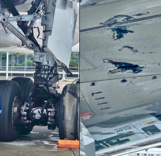 A banda de rolagem de um dos pneus (a borracha que reveste o pneu e faz contato com o solo) se separou, danificando a parte inferior da asa direita do avião