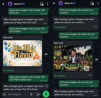 Interação realizada com a Meta AI para criar arte de campanha eleitoral de Lula e Flávio Bolsonaro