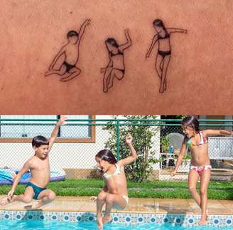 Fotografia de Beatriz, Laura e Vinícius saltando juntos na piscina inspirou a tatuagem de William Bonner