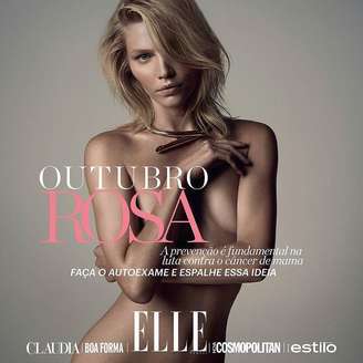 Aline está nua na capa da revista Elle deste mês em apoio a prevenção do câncer de mama