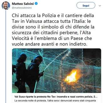 Tuíte de Matteo Salvini criticando o protesto contra o TAV