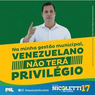 ‘Venezuela não terá privilégio’, diz candidato do PSL, Antônio Nicoletti, em postagem na rede social