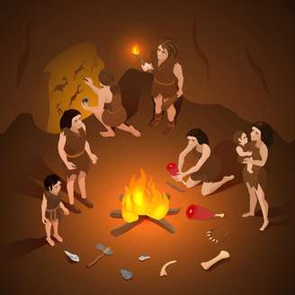 Ilustração que simula o período paleolítico