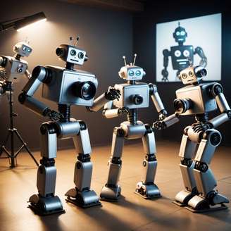 Imagem criada pelo Midjourney a pedido da reportagem, sob o comando de criar uma imagem que mostrasse robôs produzindo um filme. 