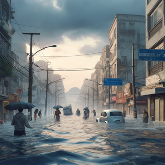 Imagem criada por Inteligência Artificial (DALL-E) do Rio de Janeiro alagado.