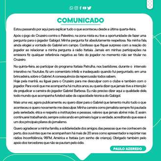 Comunicado oficial do jornalista Paulo Azeredo