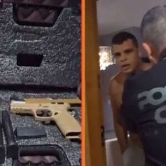 Momento em que polícia bate na porta do pastor e materiais apreendidos.