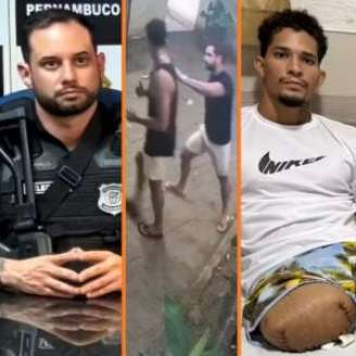 Delegado Luiz Alberto Braga (esq.), vídeo do caso e o ambulante Emmanuel Apory, que teve a perna amputada.