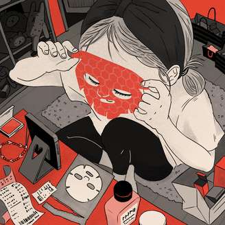 Ilustração mostra uma menina aplicando uma máscara facial vermelha em frente ao celular. Ela está cercada por sacolas de compras, recibos e frascos de cosméticos.
