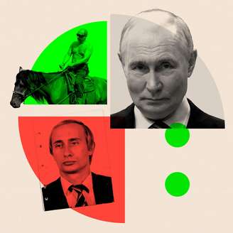 Montagem mostra, de baixo para cima e da direita para a esquerda, um jovem Vladimir Putin de terno e gravata, Putin sem camisa a cavalo e Putin em 2022.