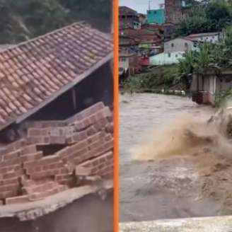 Casa desaba e rios transbordam após fortes chuvas em Pernambuco.
