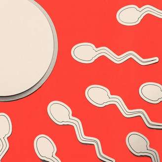 Fundo vermelho com ilustrações brancas de espermatozoides em direção a um óvulo