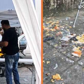 Imagens mostram a mulher sendo contida e os produtos espalhados pelo chão.