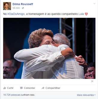 Homenagem a Lula no "Dia do Amigo" foi publicada nesta segunda-feira no perfil oficial de Dilma no Facebook