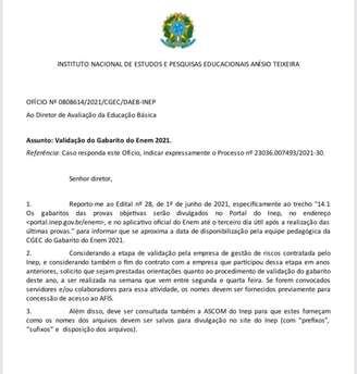 Ofício enviado por servidores à cúpula do Inep e obtido pelo Estadão cobra esclarecimentos sobre o "procedimento de validação do gabarito" do Enem deste ano