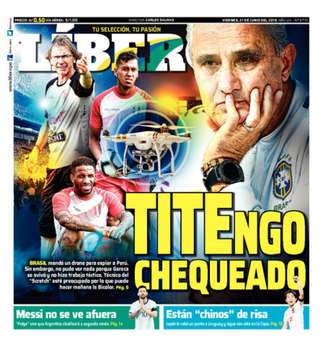 Manchete do jornal peruano "Líbero" destaca a "espionagem" de Tite (Foto: Divulgação)