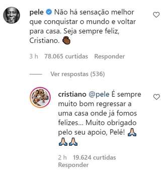 A interação entre Pelé e Cristiano Ronaldo no Instagram. (Foto: Reprodução/Instagram)