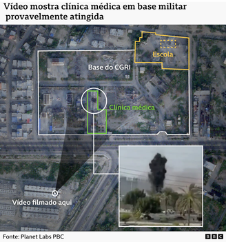 Gráfico da BBC Verify com imagens de satélite anotadas da base do CGRI e da escola próxima, destacando a clínica médica atingida pelo míssil