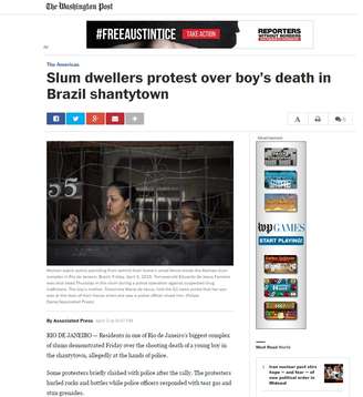 "Moradores protestam contra morte de menino em favela no Brasil", é o título da notícia do Washington Post
