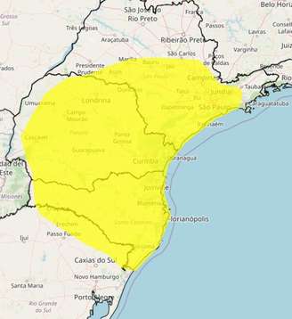 Inmet emite alerta amarelo para chuvas em munícipios de São Paulo, Paraná, Santa Catarina e Rio Grande do Sul.