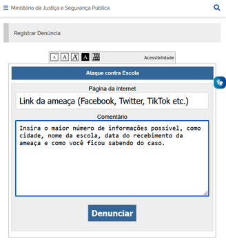 Print mostra como devem ser preenchidos os campos de “Página da internet” e “Comentário” das denúncias de ataque contra escola