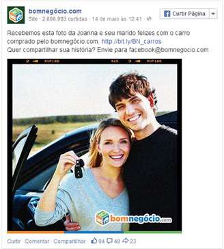 Post do Bomnegócio.com em sua página no Facebook, dizendo que as pessoas da foto eram um casal que havia comprado um carro pelo site