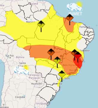 Inmet emite alerta vermelho para grande acumulado de chuva em cidades de Minas Gerais, Espírito Santo e Bahia.