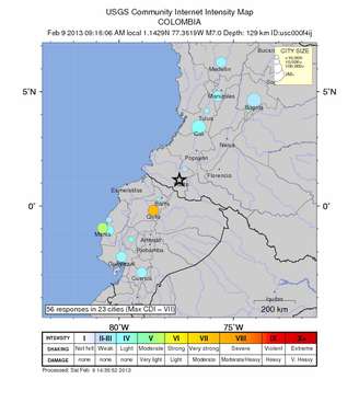 Estrela em preto na imagem do USGS mostra epicentro do tremor na Colômbia 
