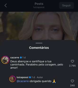 O ator Juliano Cazarré deixou uma mensagem pública de apoio para Luiza Possi