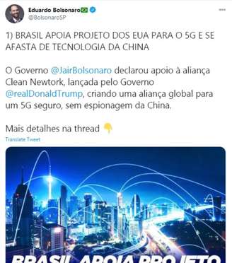 Post sobre 5G apagado pelo deputado Eduardo Bolsonaro