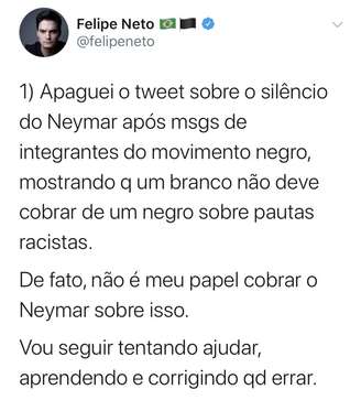 No Twitter, o influenciador digital Felipe Neto falou sobre racismo e quase foi 'cancelado'