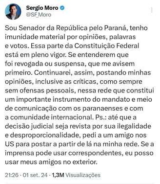 Senador Sérgio Movo (União-PR) continuo usando o perfil na rede social bloqueada, segundo ele, por meio de um "correspondente" nos Estados Unidos.