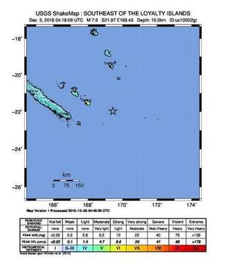 Mapa mostra local de terremoto na Nova Caledônia, no Oceano Pacífico