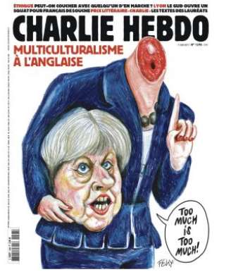 Em nova charge, Charlie Hebdo decapta Theresa May