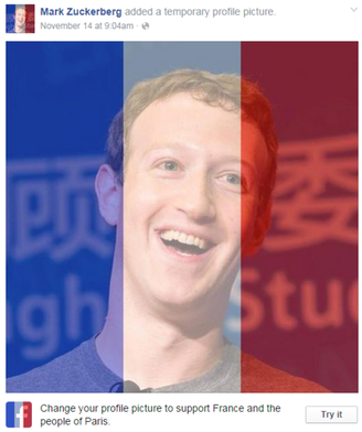 Facebook disponibilizou ferramente para acrescentar cores da bandeira da França ao perfil, mas não em outras tragédias como Beirute e Minas