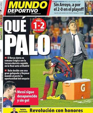 <p>Jornal catalão Mundo Deportivo fez um trocadilho com a bola na trave que Neymar acertou no final do jogo. A manchete pode ser traduzida, também, como "Que golpe". "Semana trágica com a terceira derrota seguida ante o Real Madrid"</p>