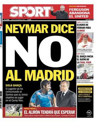 <p>Capa do jornal <em>Sport </em>publica que Neymar preferiria Barcelona</p>