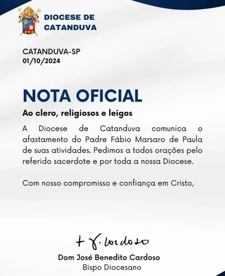 Nota oficial divulgada pela Diocese de Catanduva