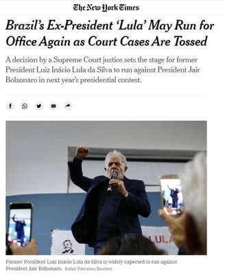 Reportagem do jornal americano The New York Times destaca decisão de Fachin que anulou condenações de Lula