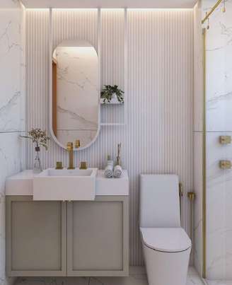 1. Banheiro com parede de porcelanato ripado branco – Foto Goos Paine