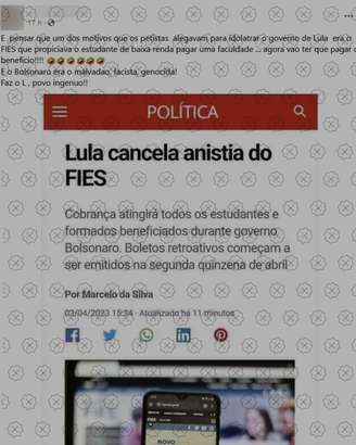 Posts difundem montagem que simula reportagem do G1 para afirmar que Lula cancelou renegociação de dívidas do Fies, o que é falso