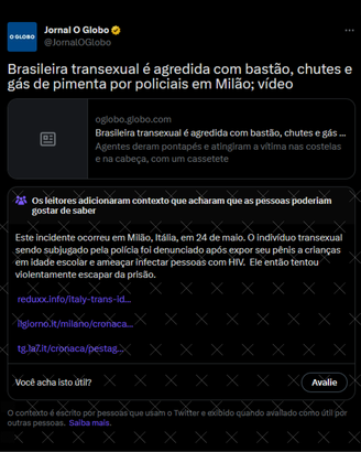 Nota da comunidade no Twitter afirma que mulher trans foi agredida por policiais na Itália após expor seu pênis a crianças e ameaçar infectar pressoas com HIV, o que é mentira