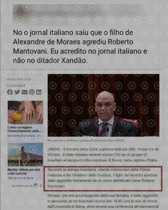 Captura de tela destaca parágrafo de notícia traduzida para o italiano, originalmente publicada em português pela Ansa Brasil, para alegar que o filho do ministro Alexandre de Moraes agrediu um homem na Itália, o que é falso. O texto informa o oposto — ou seja, que o filho de Moraes foi agredido por um homem no aeroporto internacional de Roma.