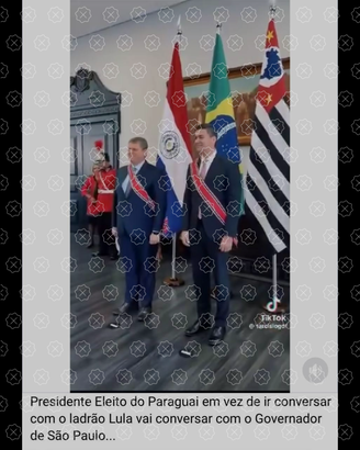 Post mostra vídeo de encontro entre o presidente eleito do Paraguai, Santiago Peña, e o governador de São Paulo, Tarcísio de Freitas, acompanhado de alegação falsa que afirma que o paraguaio teria preferido conversar com Freitas do que se encontrar com o presidente Lula