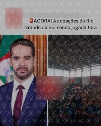 Em vídeo, mulher grava ação de retroescavadeira e afirma que doações recebidas por Encantado (RS) estavam sendo destruídas pela prefeitura, o que é falso.