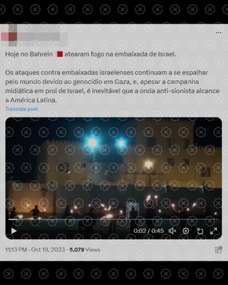 Post compartilha vídeo em que pessoas ateiam fogo a delegacia em Manama e engana ao alegar que imagens mostram ataque comandado pelo Hamas contra Embaixada de Israel