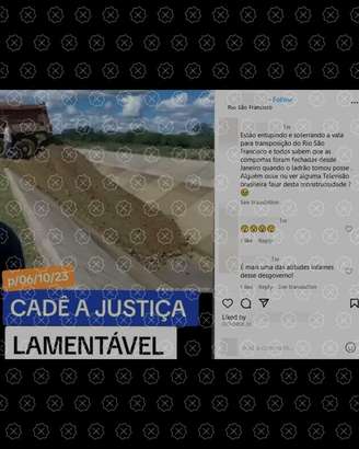 Foto mostra o reparo de um trecho da transposição do rio São Francisco realizado em junho de 2017; textos afirmam que imagem é de outubro deste ano e que mostraria ação criminosa para cortar a água do Nordeste.