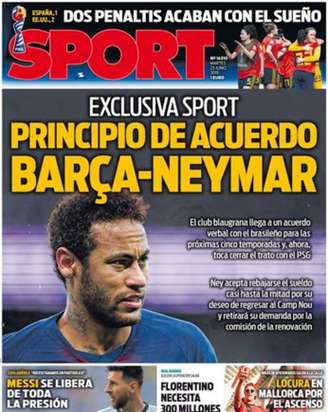Capa do jornal Sport anuncia acordo entre Neymar e o Barcelona. Falta acordo com o PSG