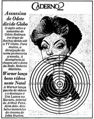 Reprodução de trecho da capa do jornal 'O Estado de S. Paulo' publicado em 14 de dezembro de 1988, que trouxe caricatura de Odete Roitman, personagem de Beatriz Segall em 'Vale Tudo'.