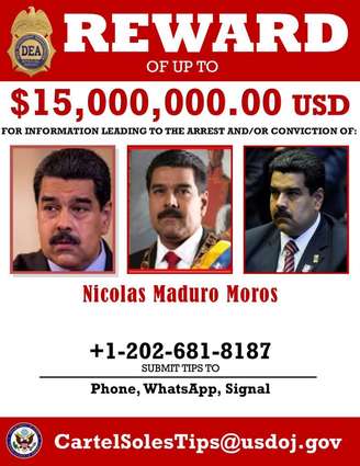 Pôster da agência antidrogas dos EUA (DEA) oferece até US$15 milhões pela captura do presidente da Venezuela, Nicolás Maduro 
26/03/2020
DEA/Divulgação via REUTERS